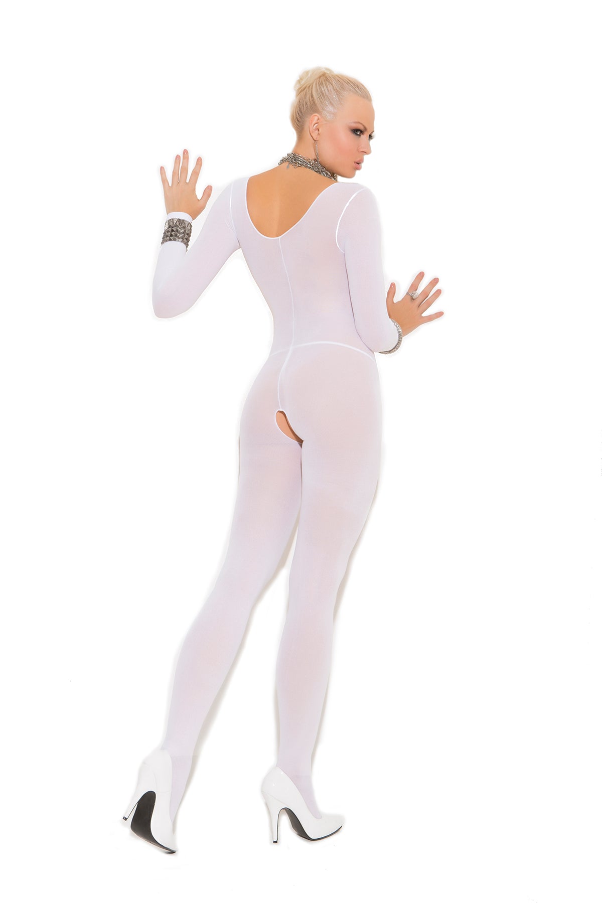 Opaque Long Sleeve Bodystocking With Open Crotch