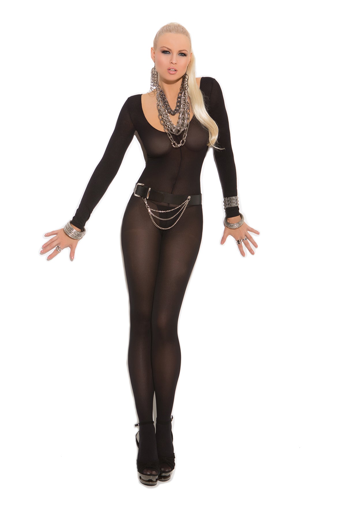 Opaque Long Sleeve Bodystocking With Open Crotch