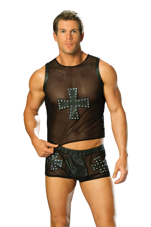LaFerb Unique Intimates Mesh Tank Top With Leather Cross Trimmed In Nail Heads