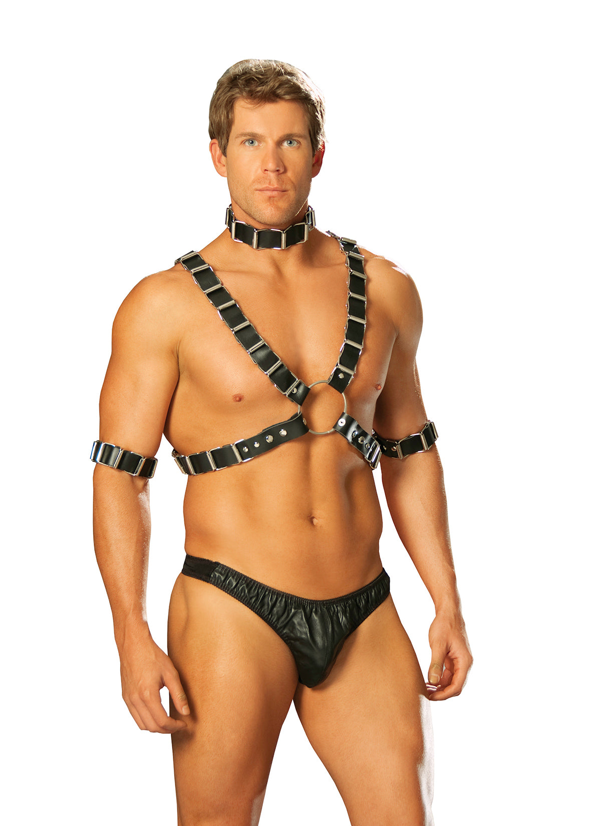 LaFerb Unique Intimates 4 Piece Adjustable Harness, Set Includes Leather Harness, Arm Bands And Collar