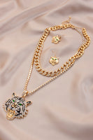 Tiger Rhinestone Head Pendant Chunky Curb Link Layered Necklace